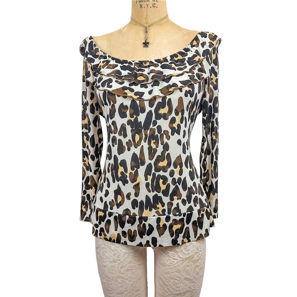 Y2K Mobwife Leopard Print Top Ruffle Off Shoulder Long Sleeve Old Money Size M